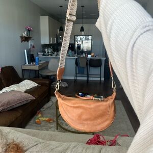 Anthropologie Tan Leather Crescent Crossbody with Woven Strap